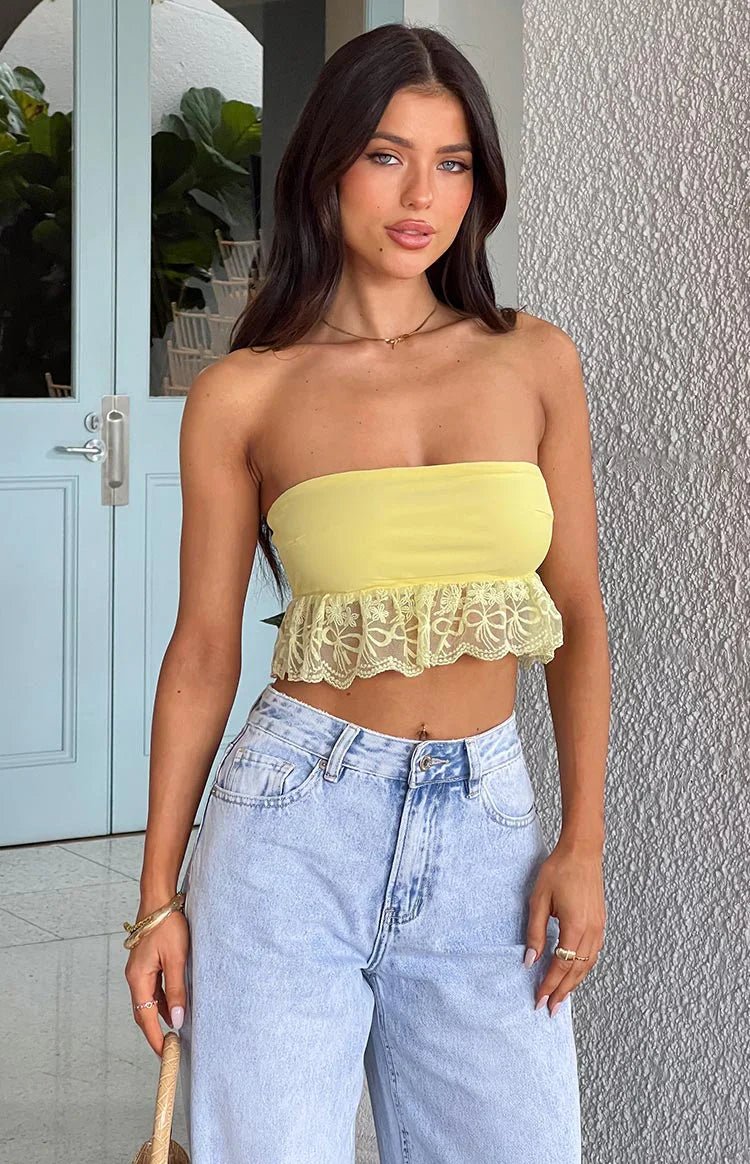 Sparrow Yellow Lace Frill Strapless Crop Top