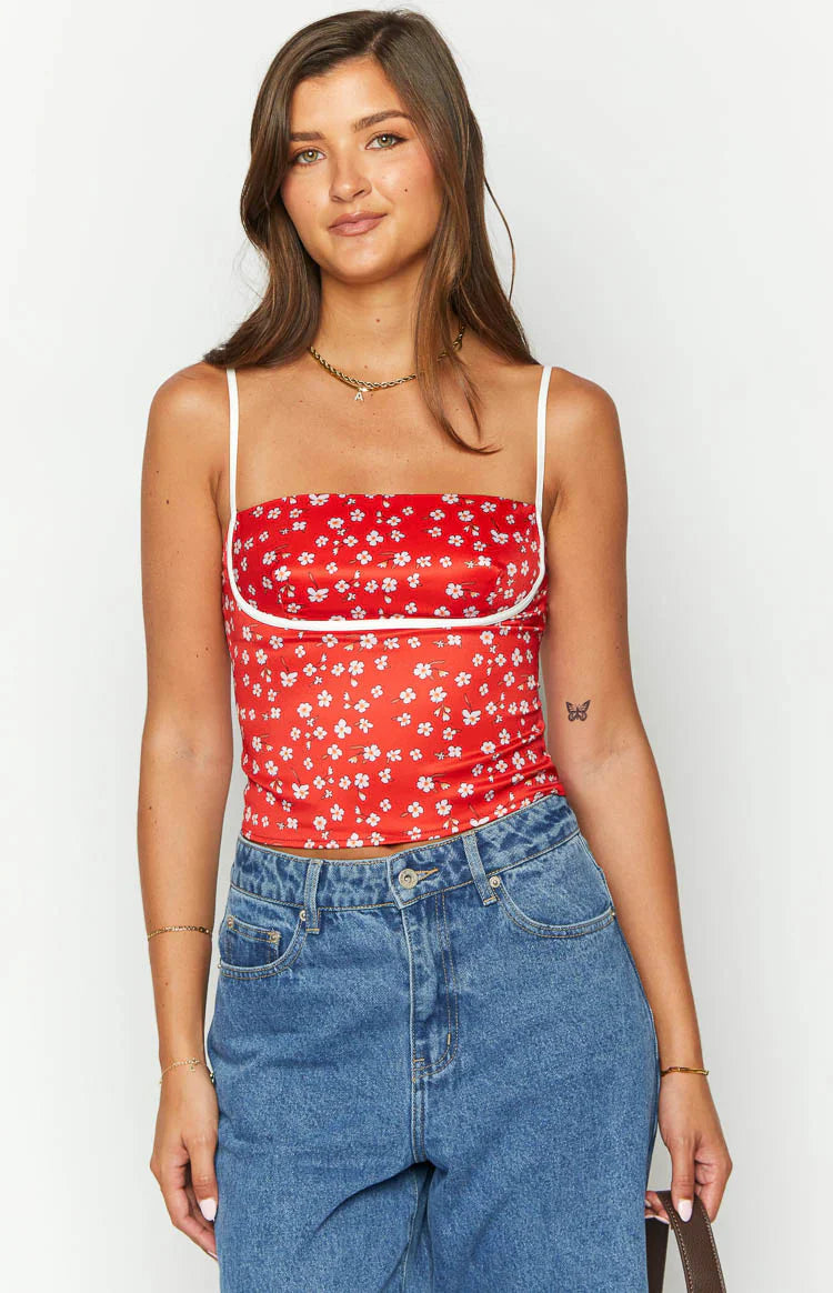 Tamra Red Floral Low Back Top