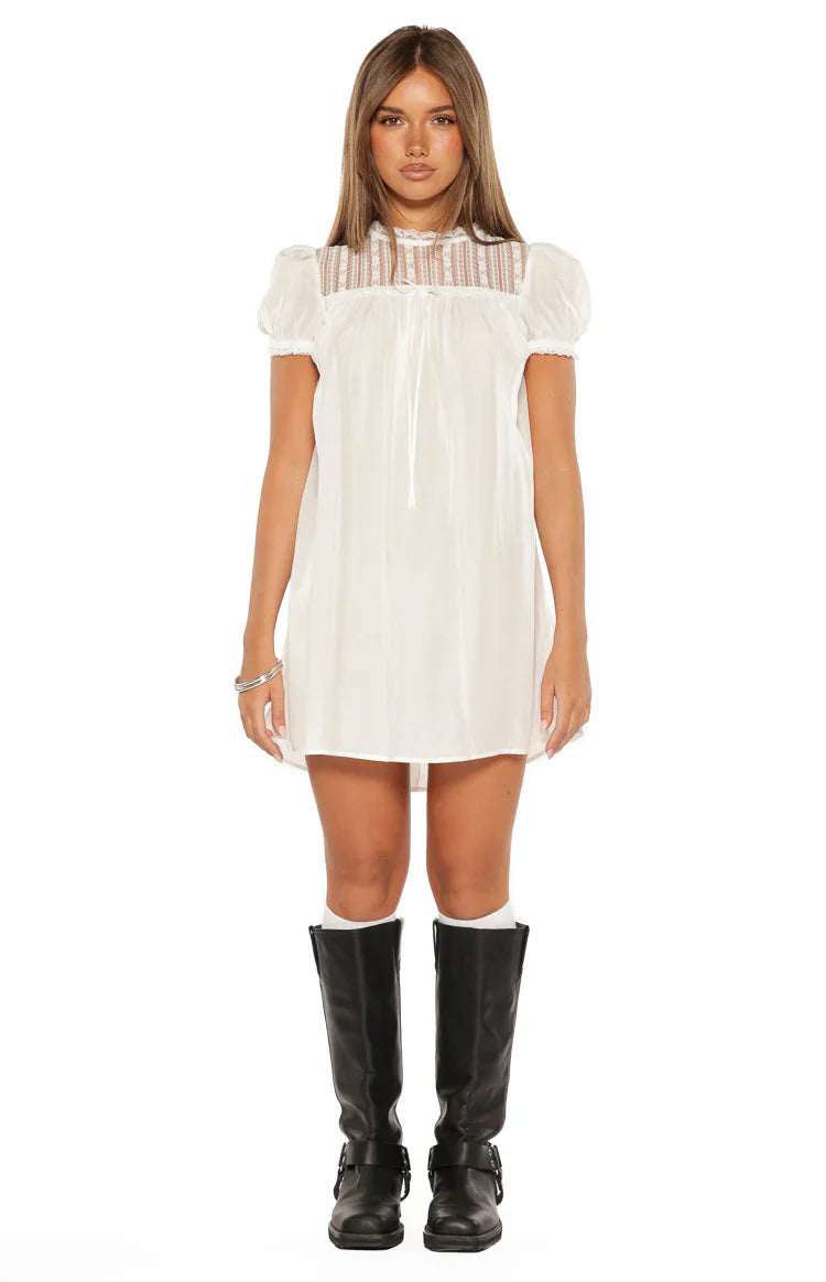 Taste White Sheer Lace Detail Mini Dress