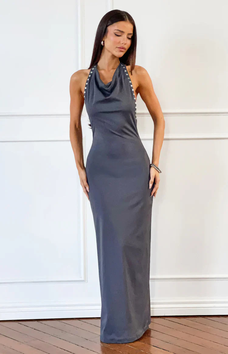 Tsuki Grey Stud Detail Cowl Neck Maxi Dress
