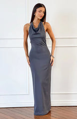 Tsuki Grey Stud Detail Cowl Neck Maxi Dress