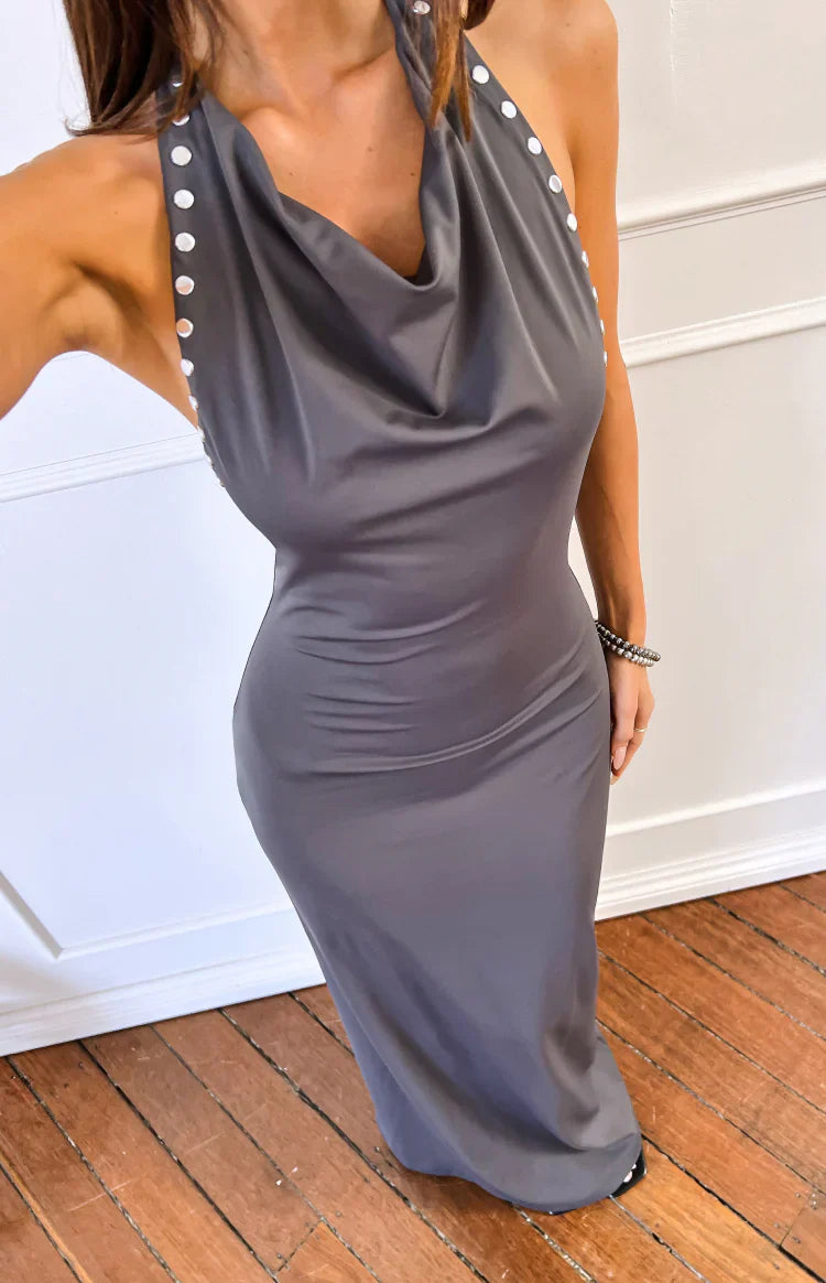 Tsuki Grey Stud Detail Cowl Neck Maxi Dress