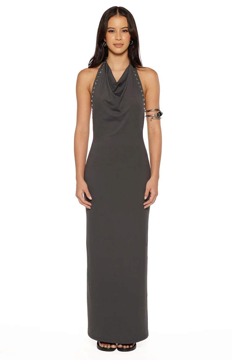 Tsuki Grey Stud Detail Cowl Neck Maxi Dress