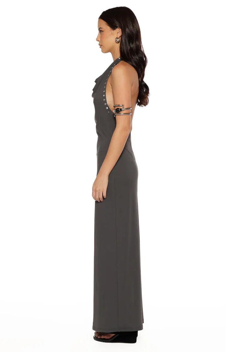 Tsuki Grey Stud Detail Cowl Neck Maxi Dress