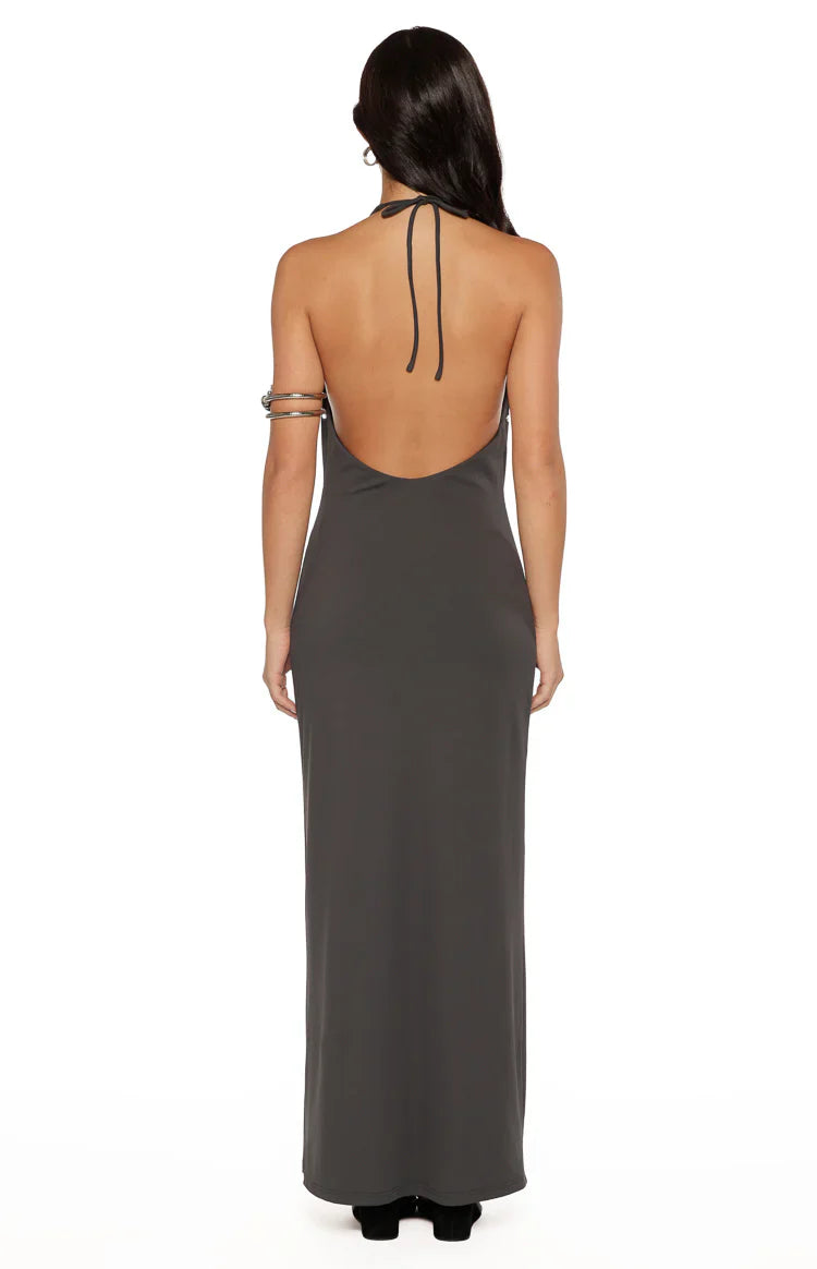 Tsuki Grey Stud Detail Cowl Neck Maxi Dress