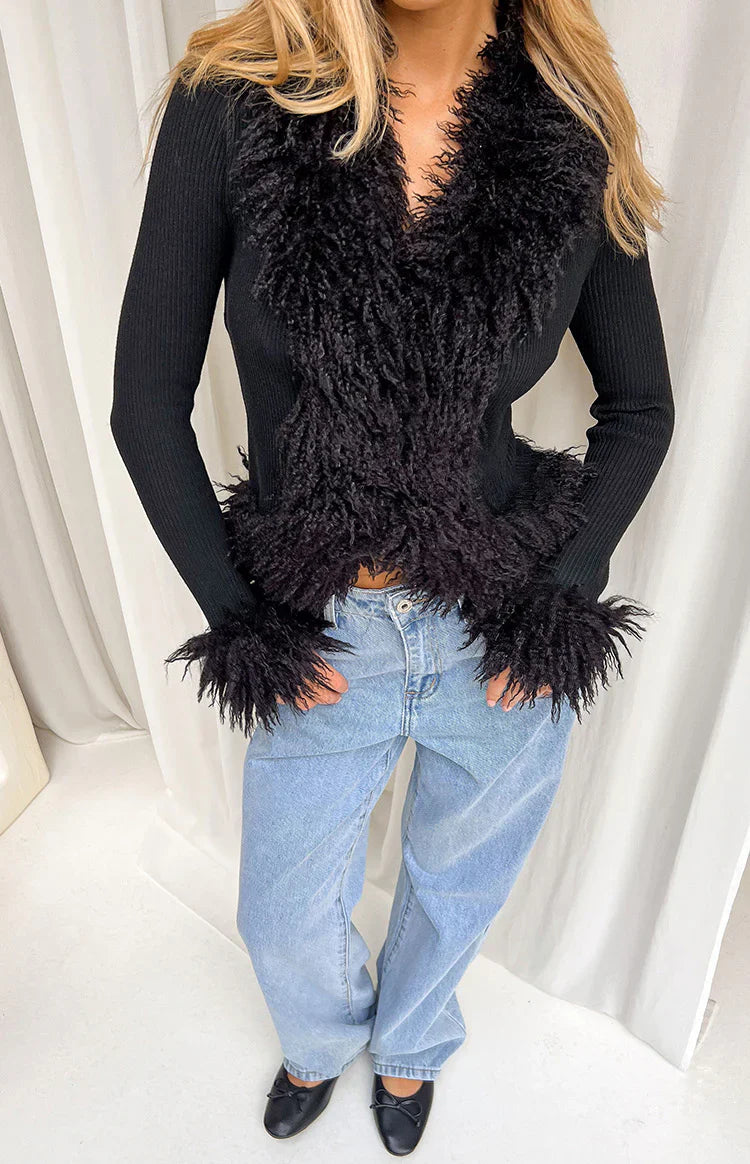 Violetta Black Fur Trim Knit Cardigan