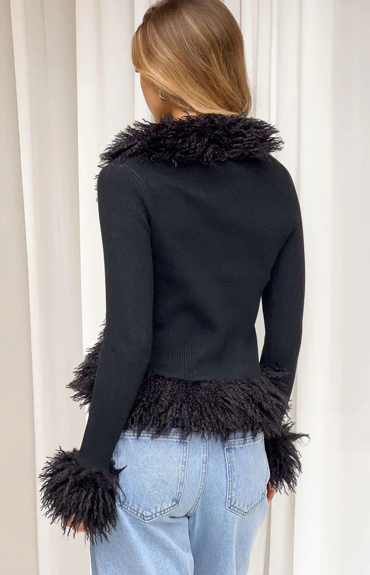 Violetta Black Fur Trim Knit Cardigan
