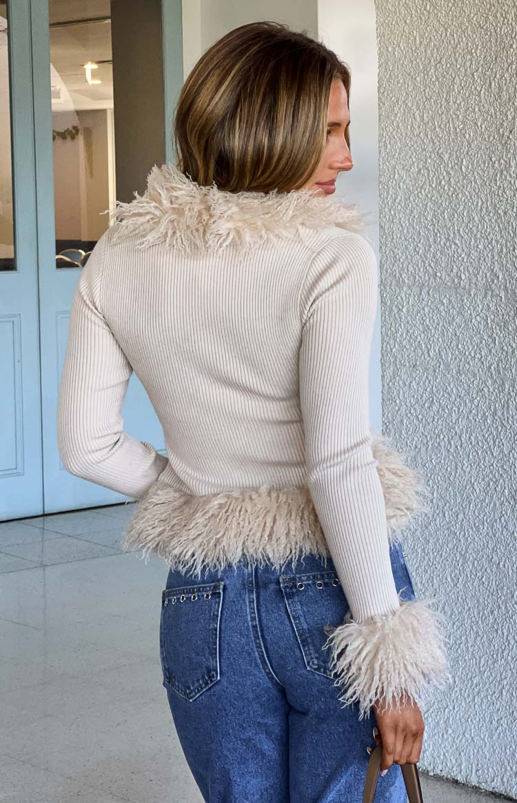 Violetta Beige Fur Trim Knit Cardigan - PRE ORDER