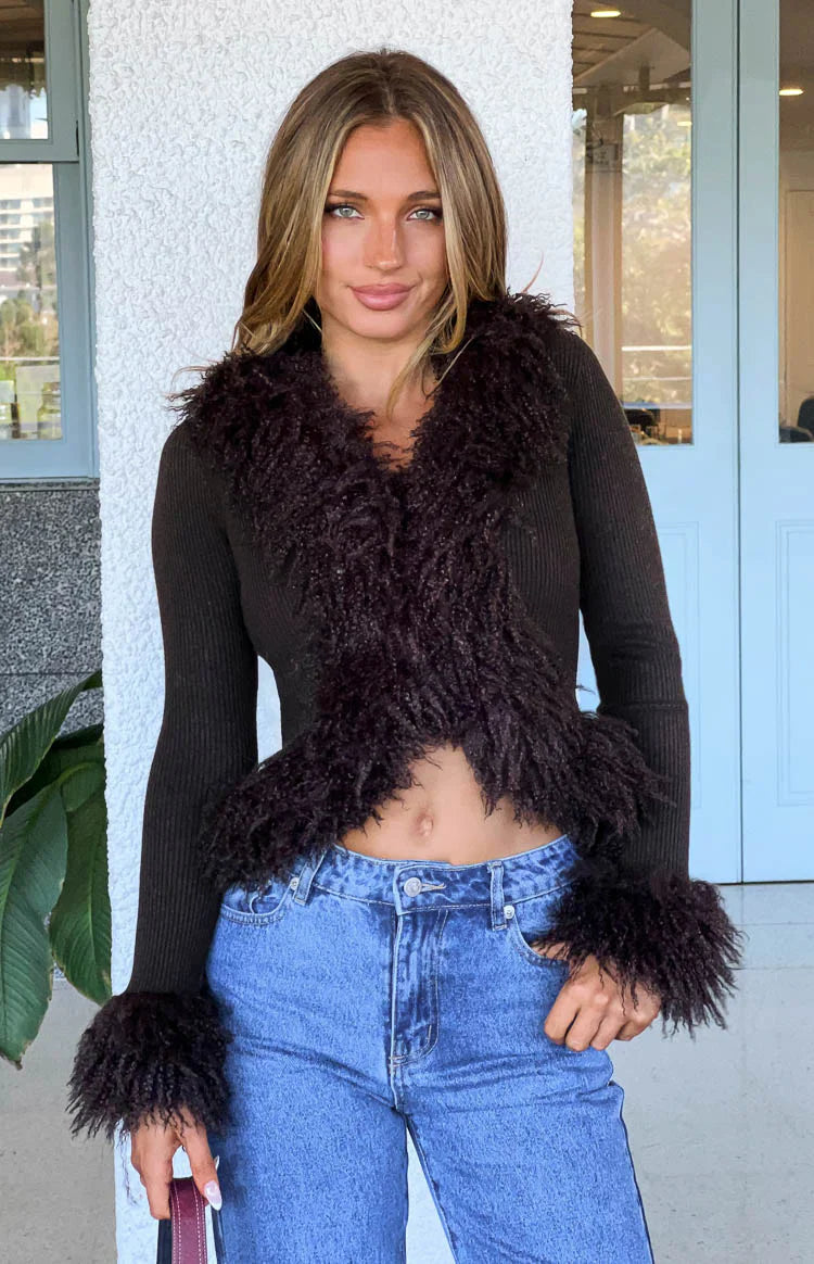 Violetta Chocolate Fur Trim Knit Cardigan - PRE ORDER