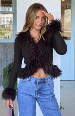 Violetta Chocolate Fur Trim Knit Cardigan - PRE ORDER