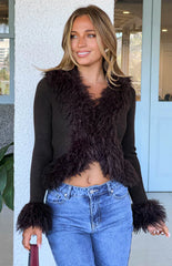 Violetta Chocolate Fur Trim Knit Cardigan - PRE ORDER