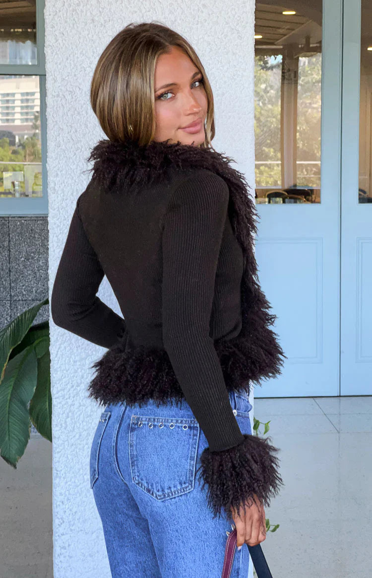 Violetta Chocolate Fur Trim Knit Cardigan - PRE ORDER