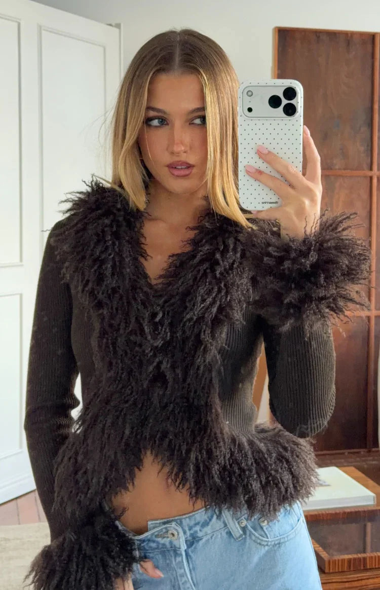 Violetta Chocolate Fur Trim Knit Cardigan - PRE ORDER