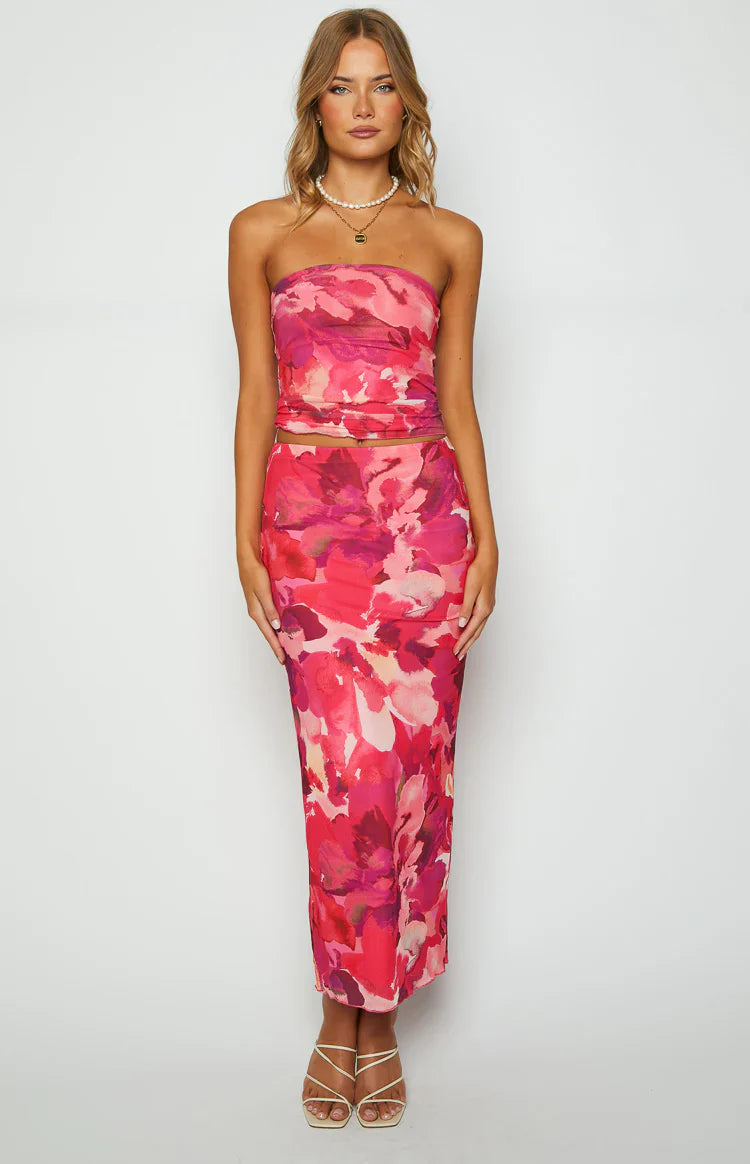 When in Rome Pink Print Mesh Maxi Skirt