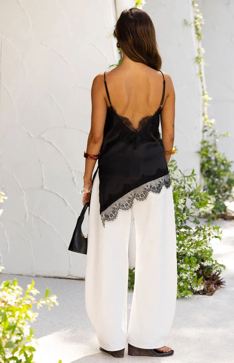 Ziva Black Satin Lace Trim Asymmetrical Top - PRE ORDER