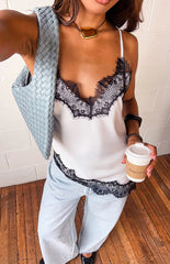 Ziva White Satin Lace Trim Asymmetrical Top