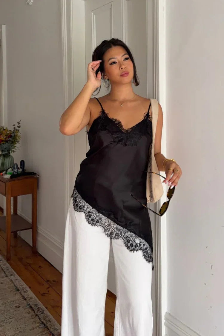 Ziva Black Satin Lace Trim Asymmetrical Top - PRE ORDER