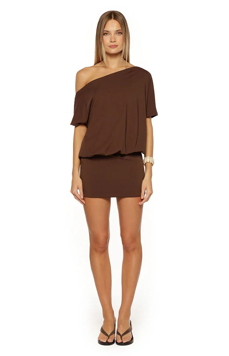 Bisou Brown Off Shoulder Mini Dress