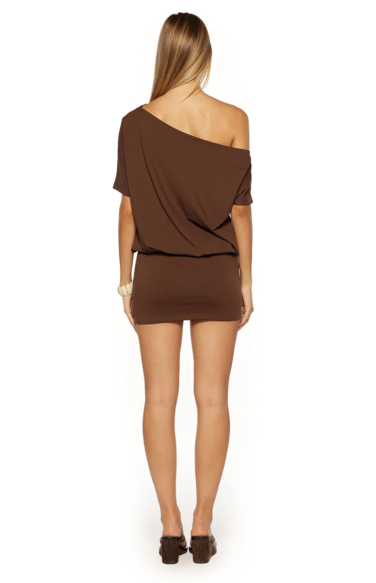 Bisou Brown Off Shoulder Mini Dress