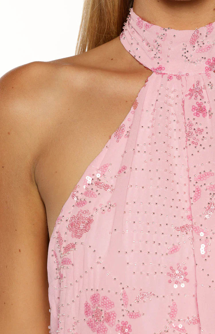 Bryan Pink Beaded Halter Neck Mini Dress