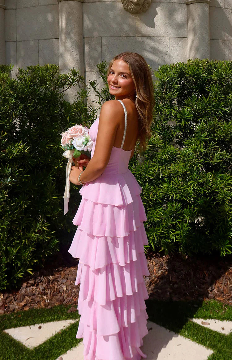 Felicity Pink Pearl Strap Ruffle Maxi Dress