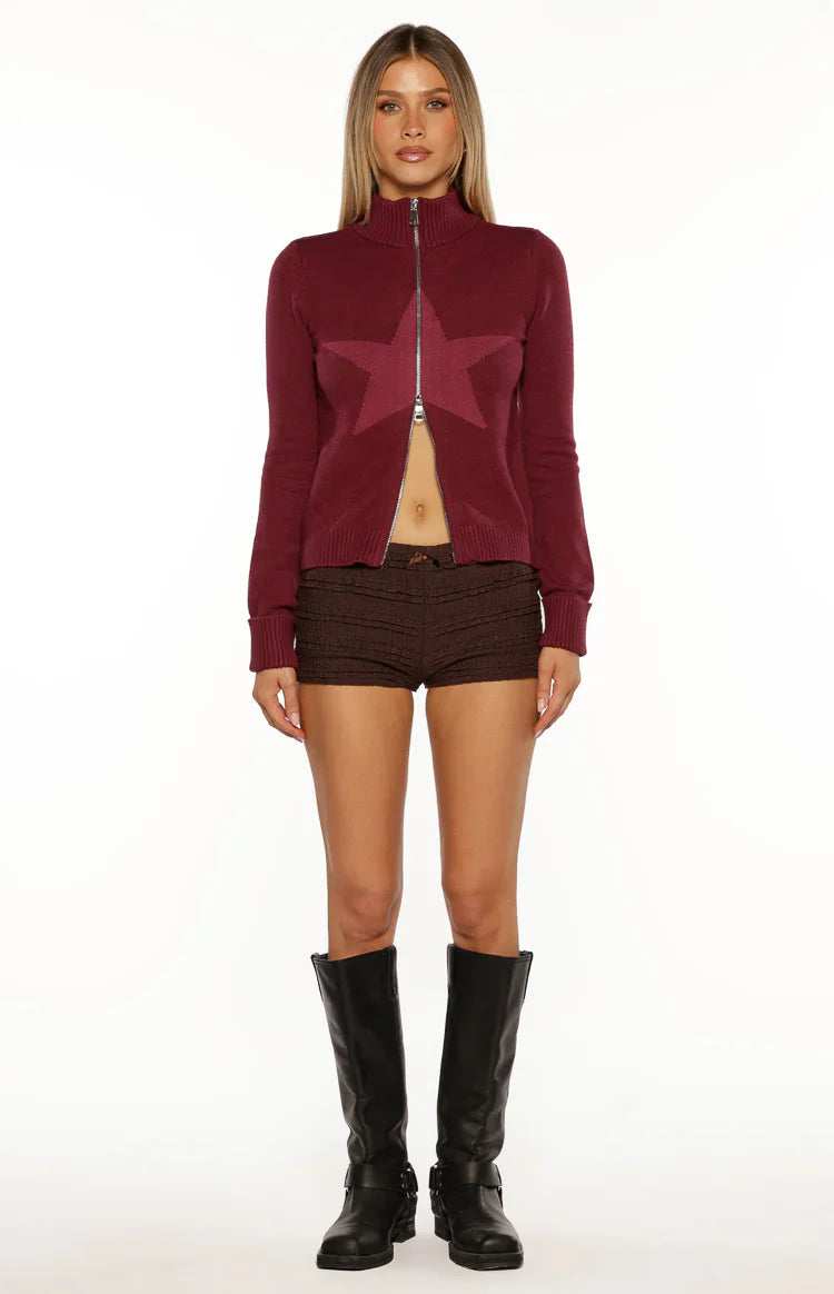 Groove Burgundy Star Zip Up Knit Sweater