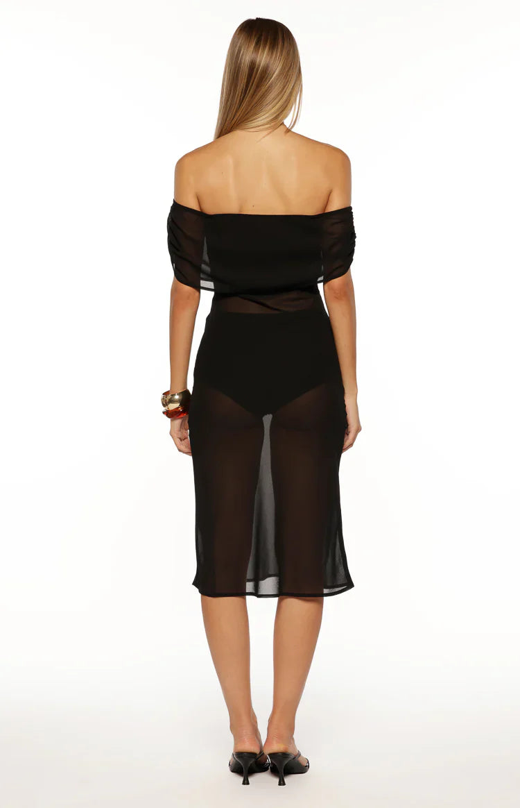 July Black Sheer Off the Shoulder Midi Dress