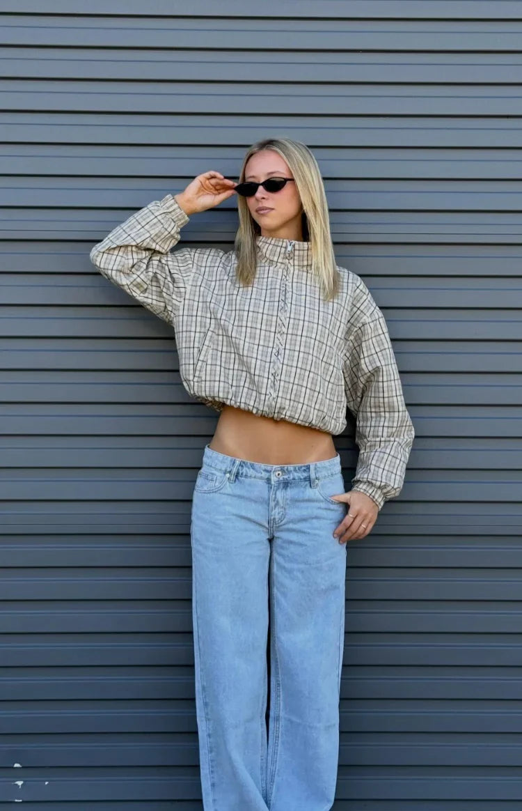 Lee Beige Plaid Funnel Neck Jacket