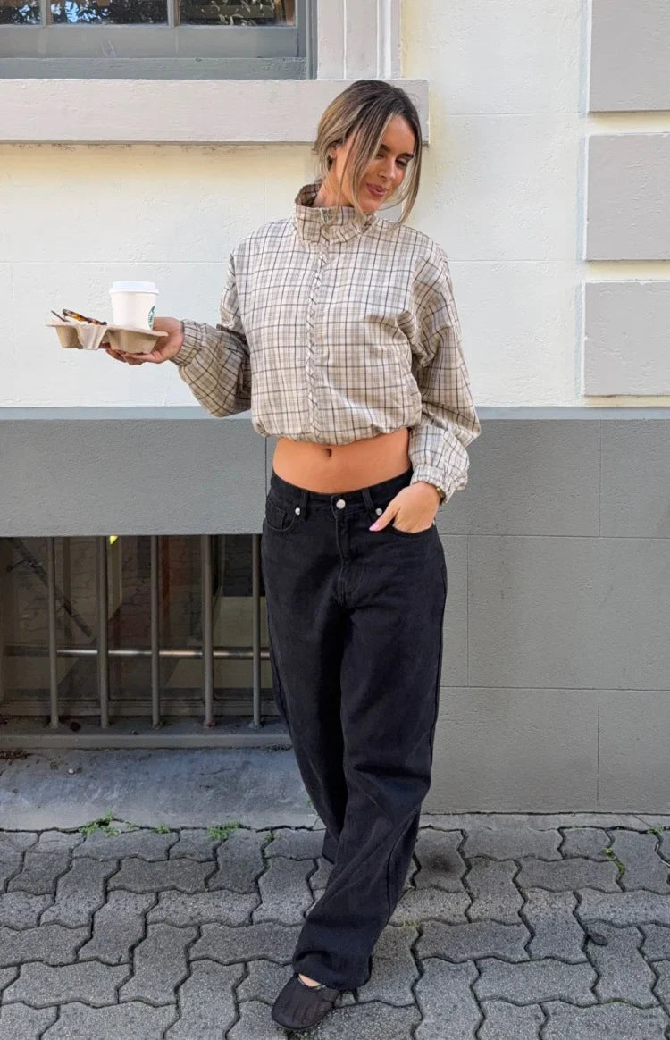 Lee Beige Plaid Funnel Neck Jacket