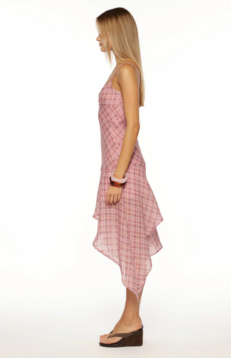 Milla Pink Plaid Hanky Hem Midi Dress