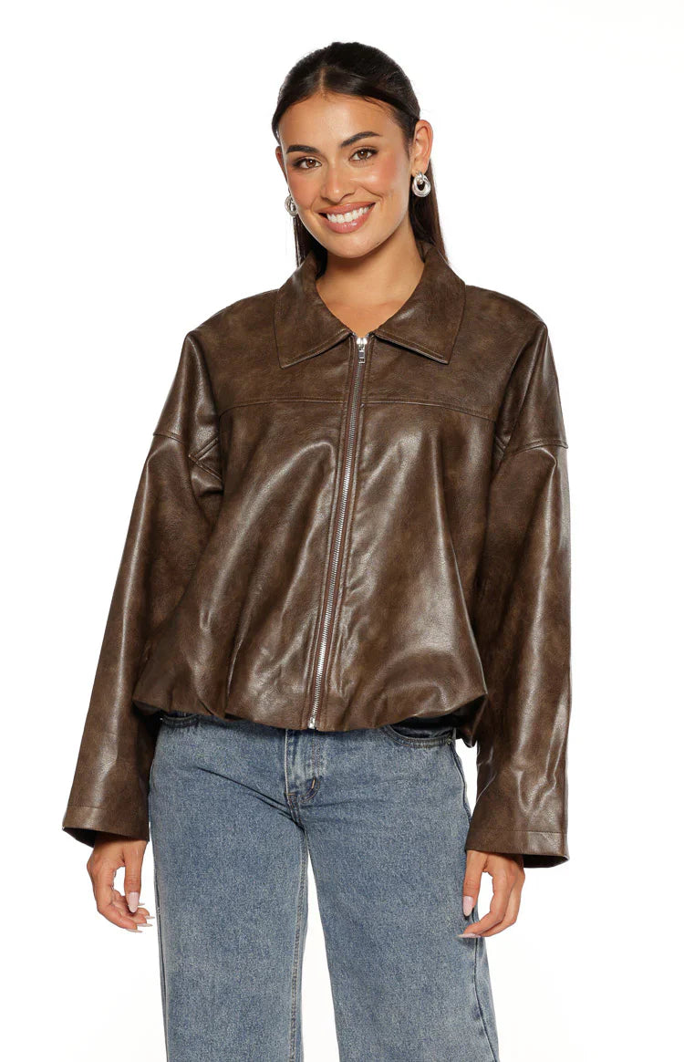 River Vintage Brown PU Bubble Hem Bomber Jacket