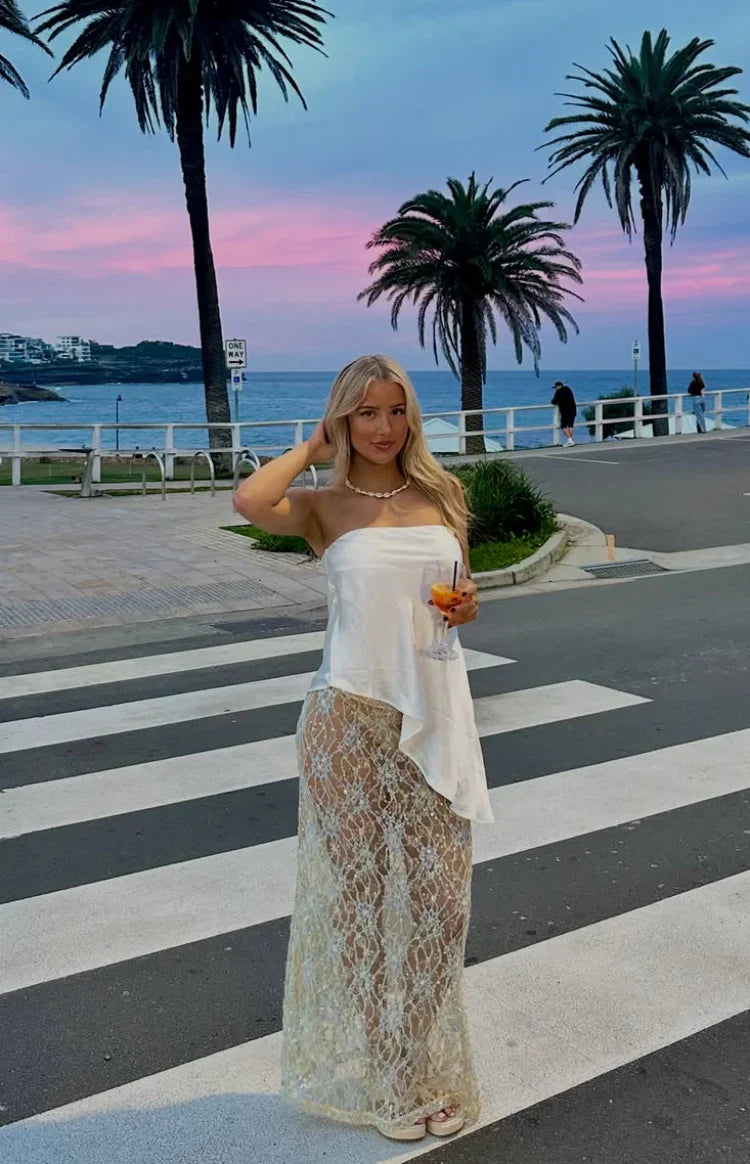 Ivette White Strapless Asymmetric Satin Top - PRE ORDER