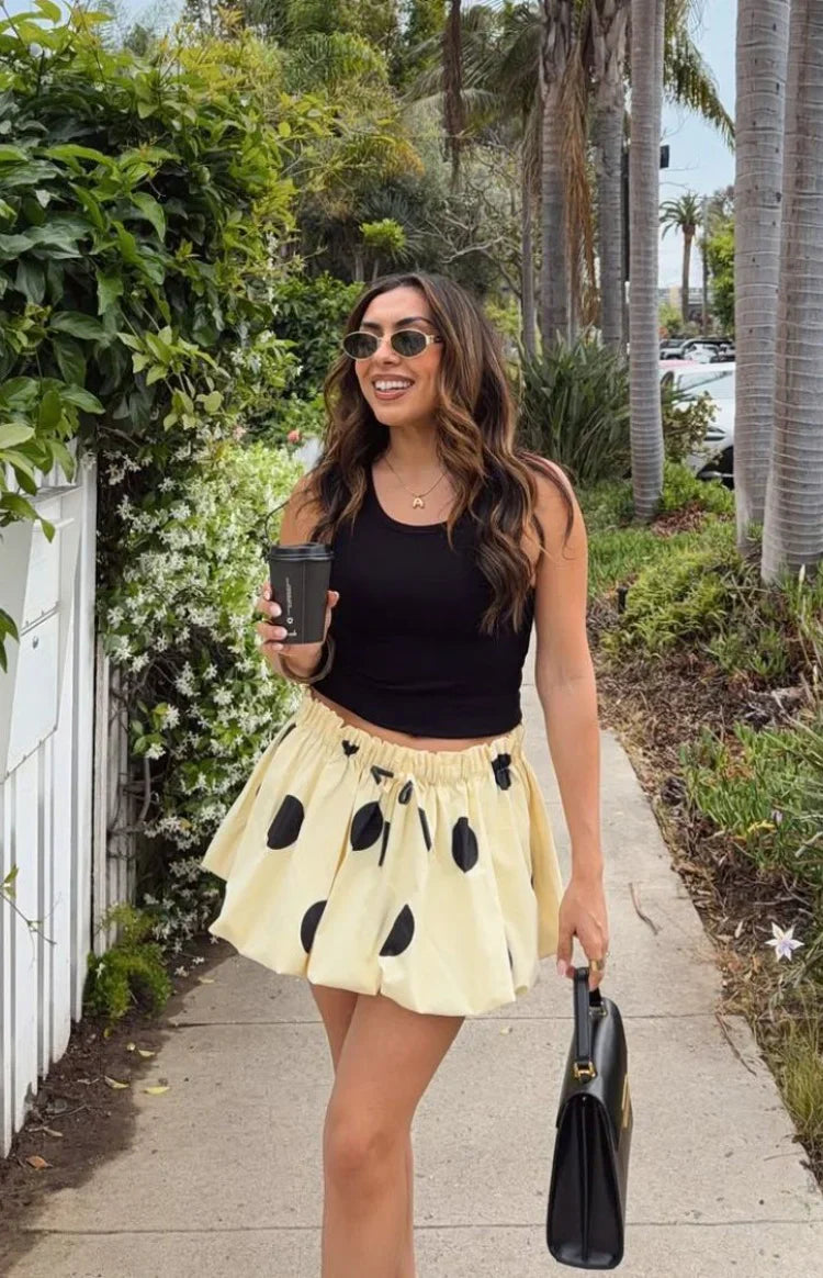 Henrietta Yellow Polka Dot Bubble Hem Mini Skirt