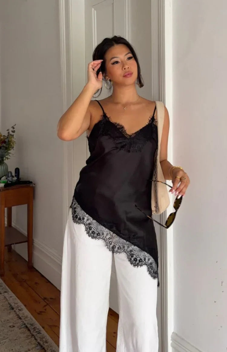 Ziva Black Satin Lace Trim Asymmetrical Top - PRE ORDER