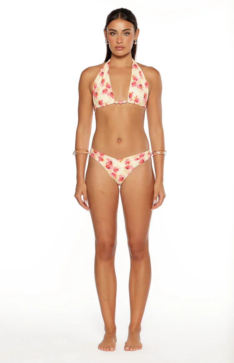 Sunbeam Yellow and Pink Floral Print Halter Bikini Top