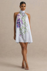 Evita | Powder Blue Rose Print High-Neck A-Line Mini Dress With Bow