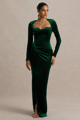Fay | Bottle Green Velvet Corset Style Knot Maxi Dress