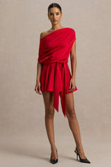 Clydie | Red Satin Asymmetric Romper With Tie-Waist