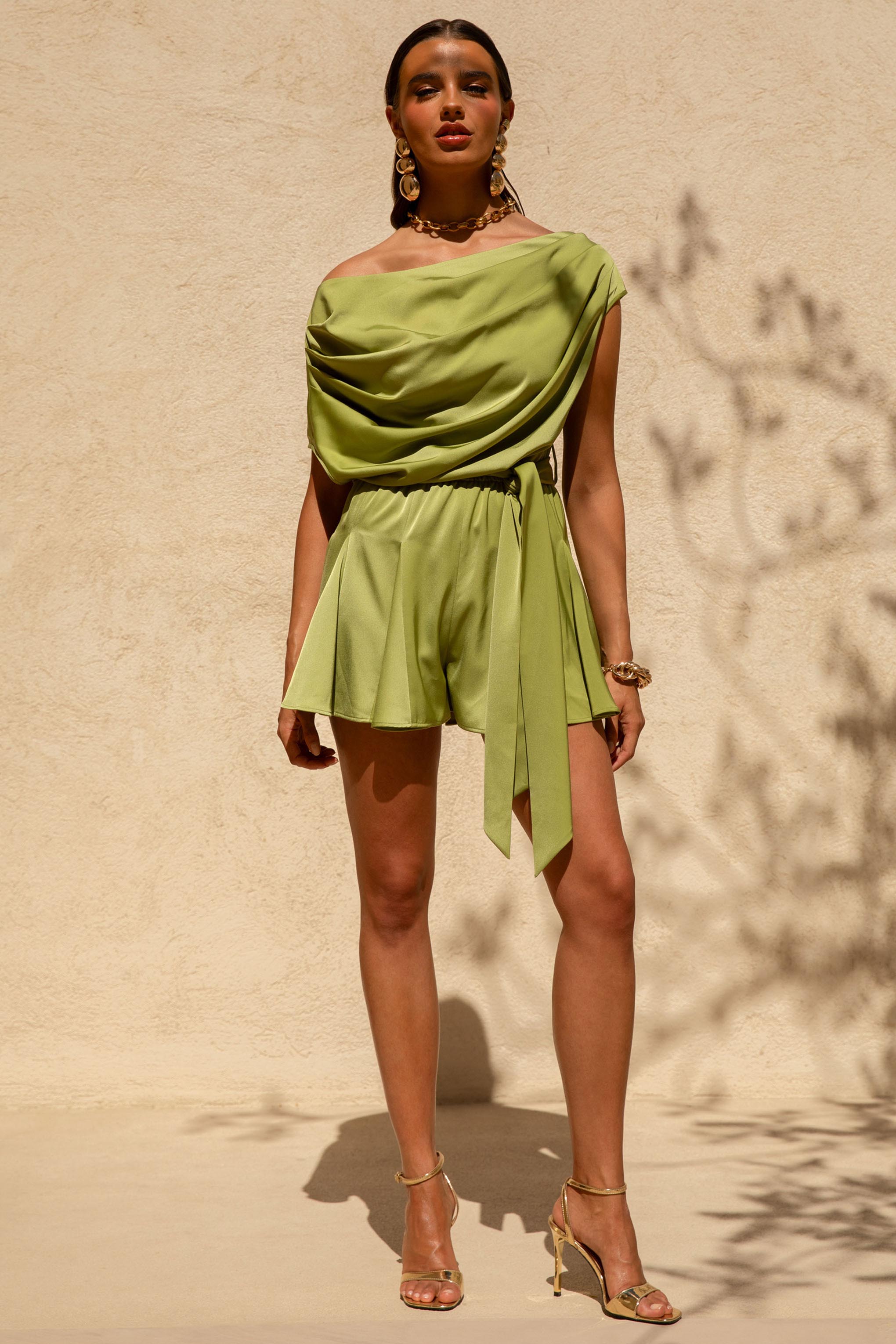 Clydie | Olive Satin Asymmetric Romper With Tie-Waist