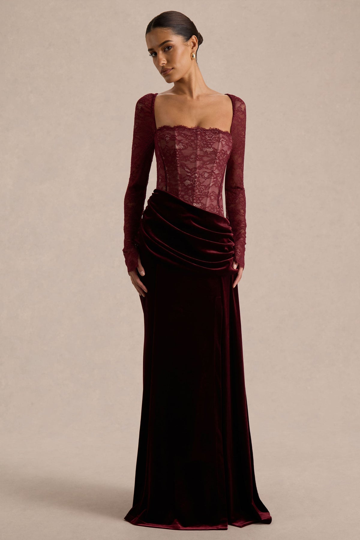 Finesse | Burgundy Lace And Velvet Square-Neck Maxi Dress With Draped Skirt