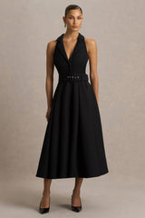 Alessa | Black Plunge-Neck Tailored Midi Dress