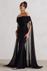 Carlotta | Black Bardot Maxi Dress With Chiffon Cape