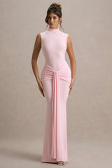 Graziana | Pink High-Neck Gathered Draped Maxi Dress