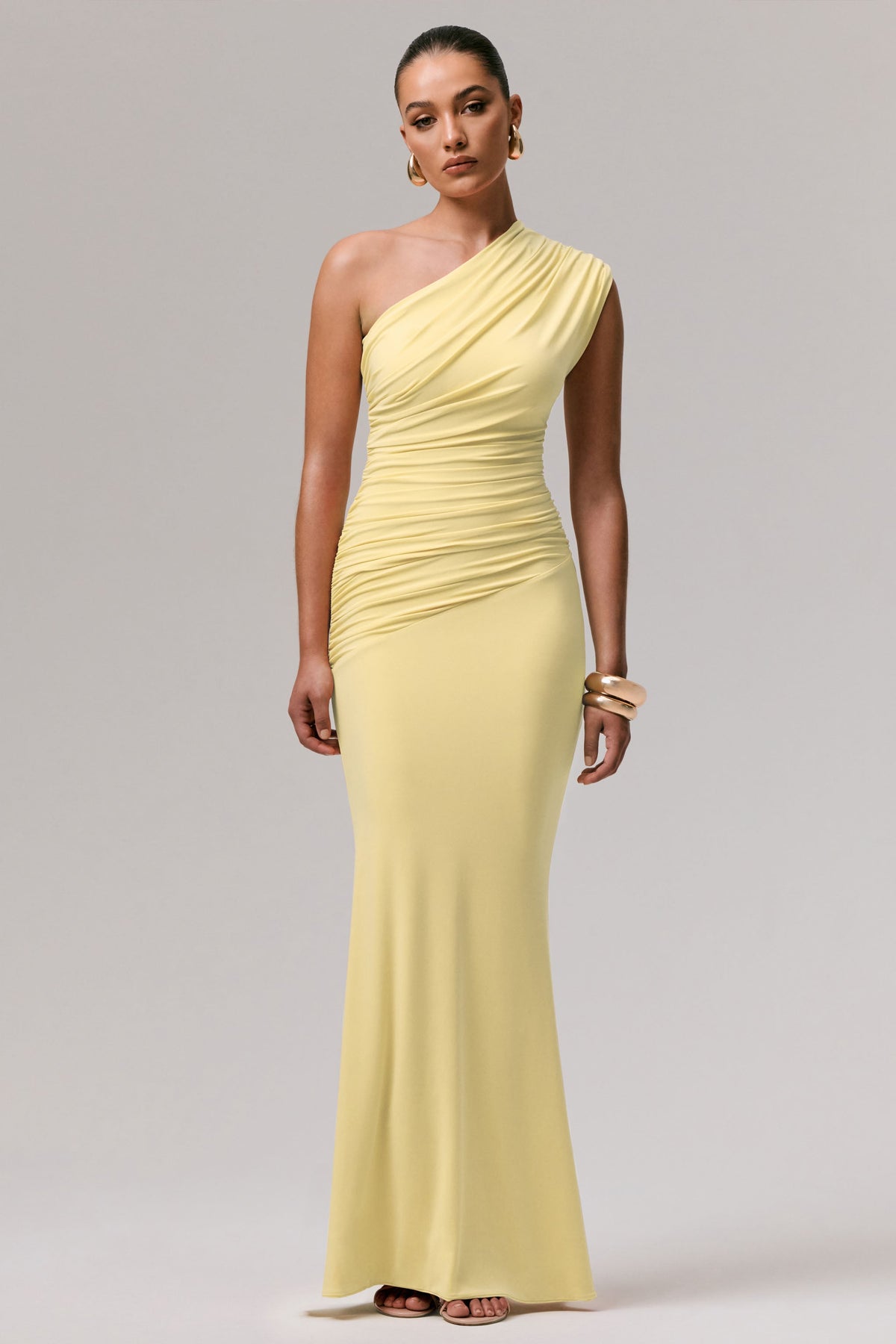 Mardi | Lemon Asymmetric Maxi Dress With Ruching