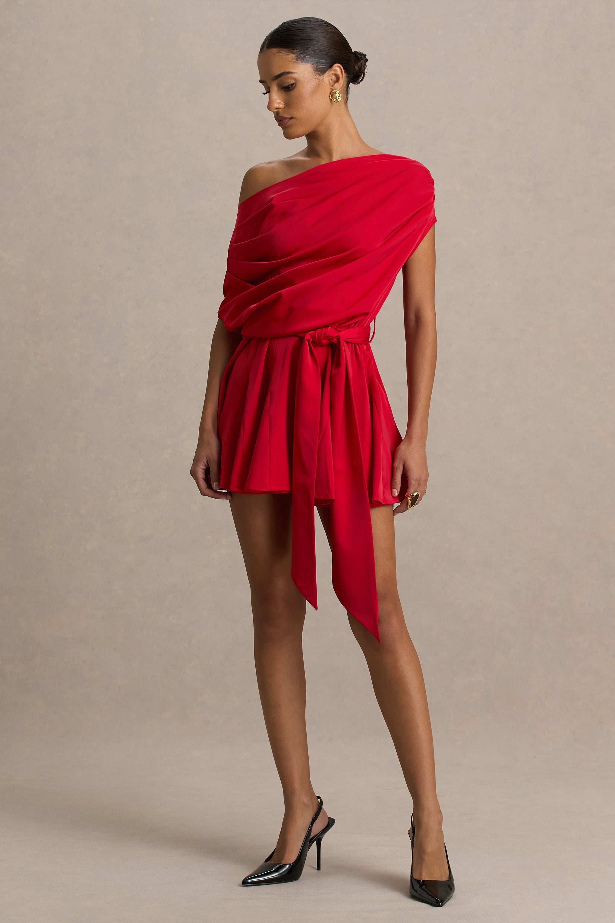 Clydie | Red Satin Asymmetric Romper With Tie-Waist