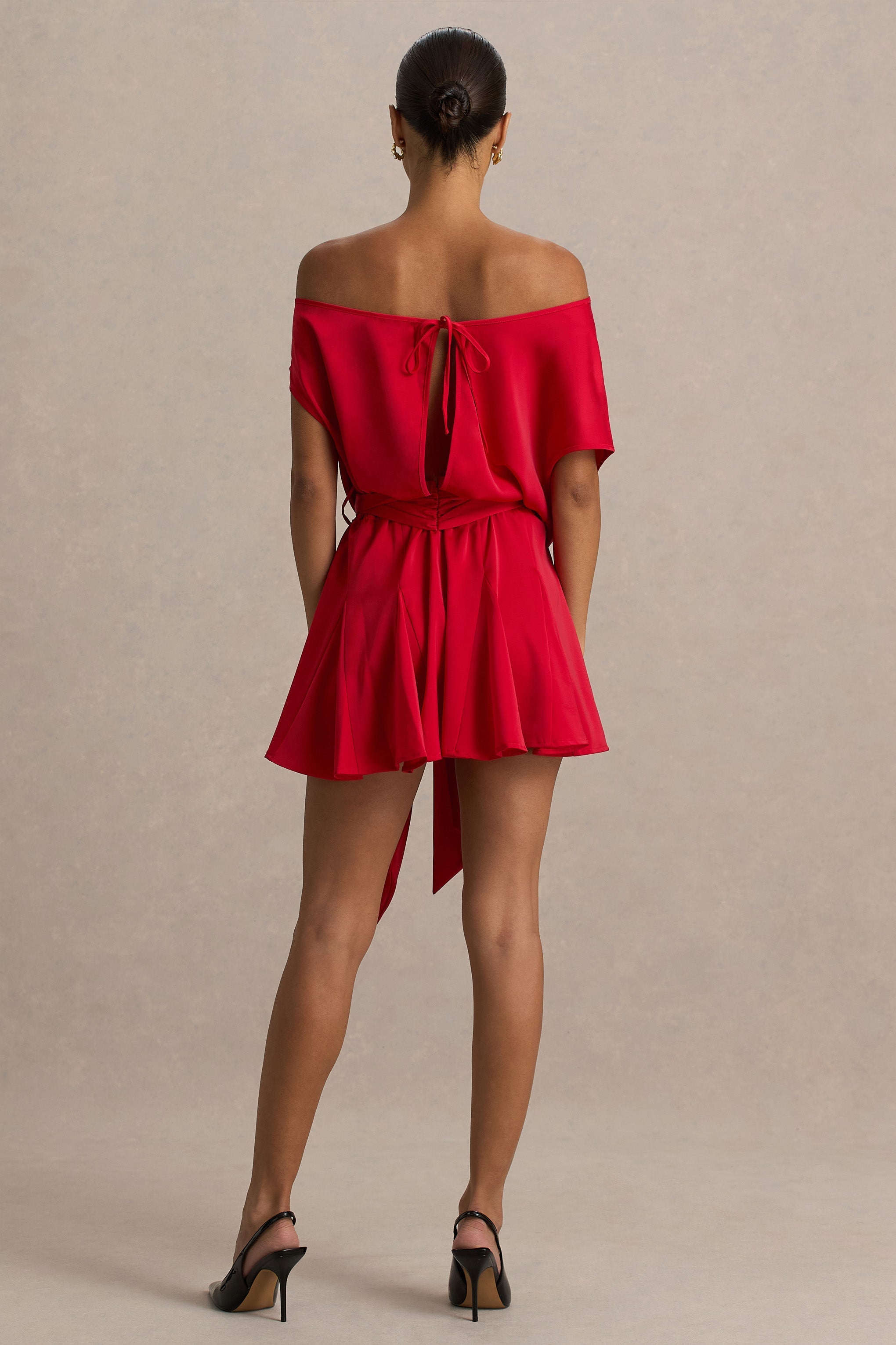 Clydie | Red Satin Asymmetric Romper With Tie-Waist