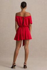 Clydie | Red Satin Asymmetric Romper With Tie-Waist