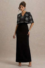 Agnella | Black Embellished V-Neck Maxi Dress