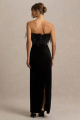 Arella | Black Velvet Bandeau Maxi Dress With Feather Trim