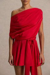 Clydie | Red Satin Asymmetric Romper With Tie-Waist